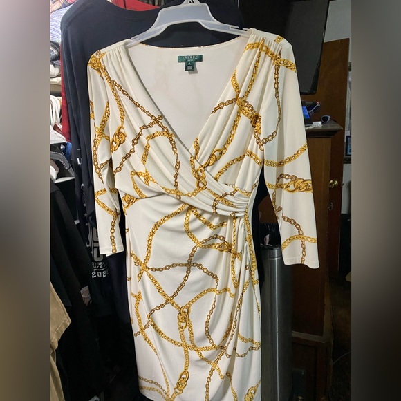 Ralph Lauren white & gold chain print dress - Size Medium - Picture 1 of 3